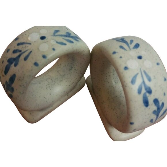 Vintage White Blue Napkin Ring Holders Hand-painted Ceramic Set of 2 Replacement - Picture 7 of 8